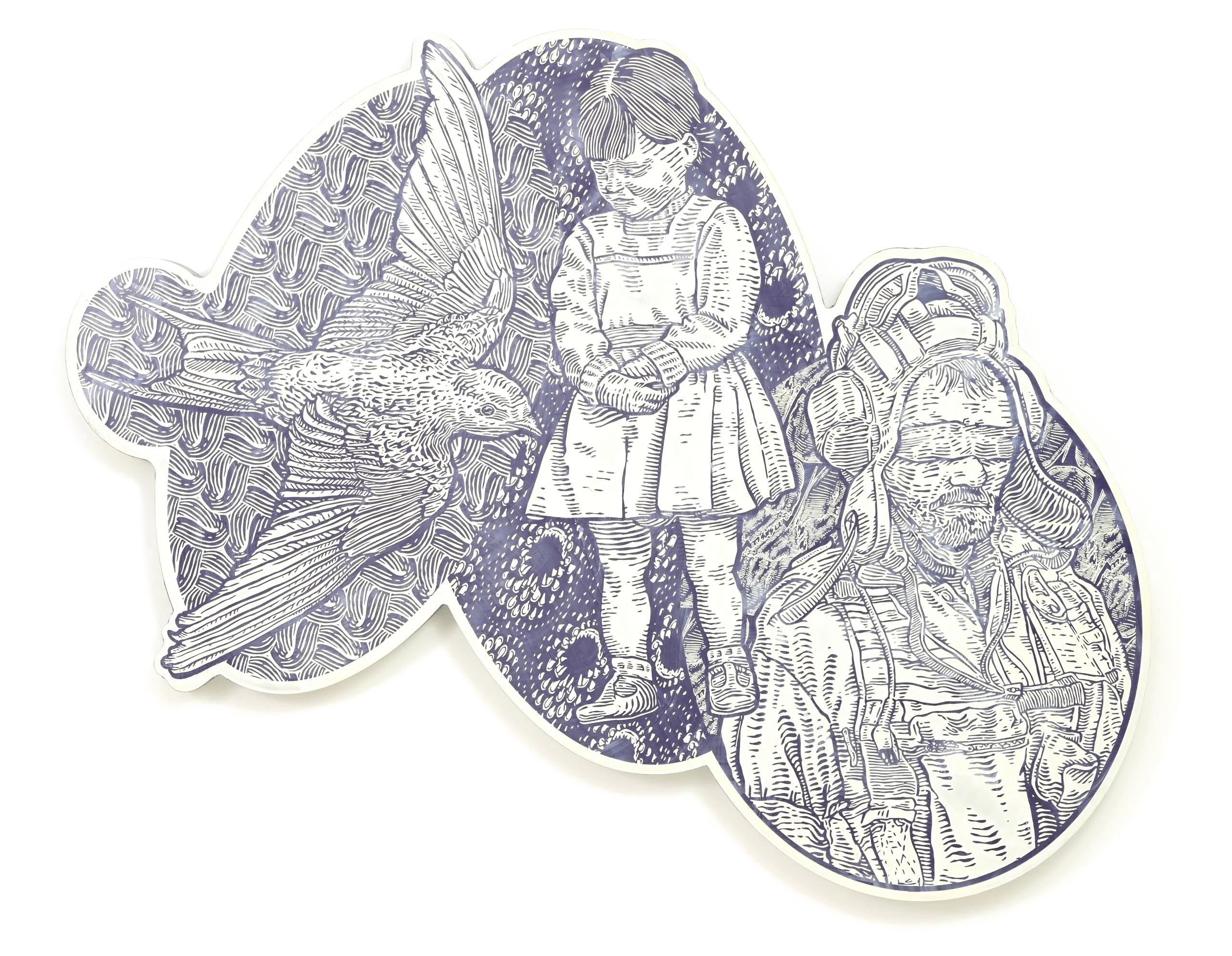 The war between silences, a sculptural drawing with a child, a large bird and a burdened figure.